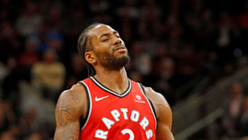 SAN ANTONIO, TX - JANUARY 3: Kawhi Leonard #2 of the Toronto Raptors after missing a foul shot against the San Antonio Spurs at AT&T Center on January 3, 2019 in San Antonio, Texas. NOTE TO USER: User expressly acknowledges and agrees that , by downloading and or using this photograph, User is consenting to the terms and conditions of the Getty Images License Agreement. (Photo by Ronald Cortes/Getty Images)