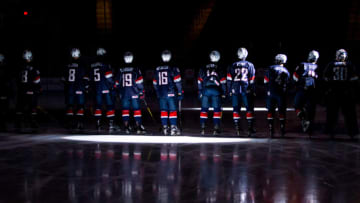 BOSTON, MA - OCTOBER 6: The U.S. National Under-18 Team stands on the blue line before an NCAA exhibition hockey against the Boston University Terriers at Agganis Arena on October 6, 2016 in Boston, Massachusetts. The Terriers won 8-2. (Photo by Richard T Gagnon/Getty Images)