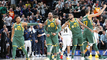 SALT LAKE CITY, UT - JANUARY 23: The Utah Jazz celebrates during the game against the Denver Nuggets on January 23, 2019 at Vivint Smart Home Arena in Salt Lake City, Utah. NOTE TO USER: User expressly acknowledges and agrees that, by downloading and or using this Photograph, User is consenting to the terms and conditions of the Getty Images License Agreement. Mandatory Copyright Notice: Copyright 2019 NBAE (Photo by Melissa Majchrzak/NBAE via Getty Images)
