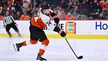 Oct 26, 2023; Philadelphia, Pennsylvania, USA; Philadelphia Flyers right wing Owen Tippett (74) scores a breakaway goal against the Minnesota Wild in the third period at Wells Fargo Center. Mandatory Credit: Kyle Ross-USA TODAY Sports
