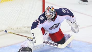Nov 25, 2015; Newark, NJ, USA; Columbus Blue Jackets goalie Sergei Bobrovsky (72) makes a save during the third period at Prudential Center. The Blue Jackets defeated the Devils 2-1. Mandatory Credit: Ed Mulholland-USA TODAY Sports