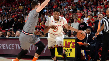 COLLEGE PARK, MD - NOVEMBER 18: Justin Jackson #21 of the Maryland Terrapins handles the ball against the Bucknell Bison at Xfinity Center on November 18, 2017 in College Park, Maryland. (Photo by G Fiume/Maryland Terrapins/Getty Images)