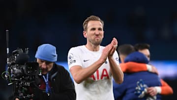 MANCHESTER, ENGLAND - FEBRUARY 19: Spurs player Harry Kane applauds the Tottenham fans after the Premier League match between Manchester City and Tottenham Hotspur at Etihad Stadium on February 19, 2022 in Manchester, England. (Photo by Stu Forster/Getty Images)