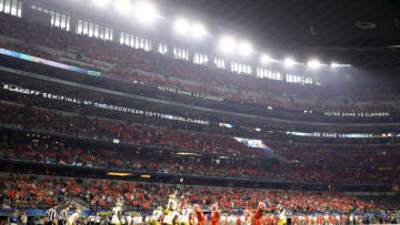 ARLINGTON, TEXAS - DECEMBER 29: Greg Huegel #92 of the Clemson Tigers kicks an extra point in the second quarter against the Notre Dame Fighting Irish during the College Football Playoff Semifinal Goodyear Cotton Bowl Classic at AT&T Stadium on December 29, 2018 in Arlington, Texas. (Photo by Ronald Martinez/Getty Images)