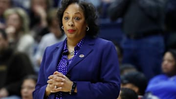 Mar 24, 2019; Storrs, CT, USA; Buffalo Bulls head coach Felisha Legette-Jack watches from the sideline as they take on the UConn Huskies during the first inning in the second round of the 2019 NCAA Tournament at Gampel Pavilion. Mandatory Credit: David Butler II-USA TODAY Sports