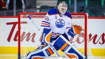 Sep 26, 2016; Calgary, Alberta, CAN; Edmonton Oilers goalie Jonas Gustavsson (50) guards his net during the warmup period against the Calgary Flames during a preseason hockey game at Scotiabank Saddledome. Mandatory Credit: Sergei Belski-USA TODAY Sports