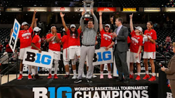 INDIANAPOLIS, IN - MARCH 04: Ohio State Buckeyes Head Coach Kenin McGuff holds up the Big Ten Championship trophy after defeating the Maryland Terrapins during the Big Ten Women's Championship game between the Ohio State Buckeyes and Maryland Terrapins on March 4, 2018, at Bankers Life Fieldhouse in Indianapolis, IN. The Ohio State Buckeyes defeated the Maryland Terrapins 79-69. (Photo by Jeffrey Brown/Icon Sportswire via Getty Images)