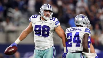 ARLINGTON, TX - OCTOBER 30: Tyrone Crawford #98 of the Dallas Cowboys celebrates after a play during a game between the Dallas Cowboys and the Philadelphia Eagles at AT&T Stadium on October 30, 2016 in Arlington, Texas. (Photo by Tom Pennington/Getty Images)