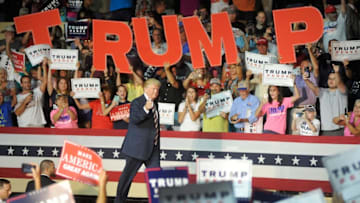 ROANOKE, VA - SEPTEMBER 24: Republican presidential nominee Donald Trump enters a campaign event at the Berglund Center on September 24, 2016 in Roanoke, Virginia. Trump spoke about lowering taxes and encouraging job growth during his last speech ahead of the first presidential debate with Democratic Presidential nominee Hillary Clinton on September 26. (Photo by Sara D. Davis/Getty Images)