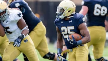 Apr 18, 2015; Notre Dame, IN, USA; Notre Dame Fighting Irish running back Tarean Folston (25) runs in the first quarter of the Blue-Gold Game at the LaBar Practice Complex. Mandatory Credit: Matt Cashore-USA TODAY Sports