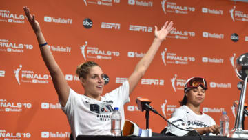WASHINGTON, DC -  OCTOBER 10: Elena Delle Donne #11 of the Washington Mystics talks at a press conference after winning the 2019 WNBA National Championship during Game Five of the 2019 WNBA Finals on October 10, 2019 at St Elizabeths East Entertainment & Sports Arena in Washington, DC. NOTE TO USER: User expressly acknowledges and agrees that, by downloading and or using this Photograph, user is consenting to the terms and conditions of the Getty Images License Agreement. Mandatory Copyright Notice: Copyright 2019 NBAE (Photo by Rich Kessler/NBAE via Getty Images)