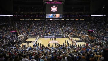 Mar 11, 2023; Kansas City, MO, USA; The Texas Longhorns and Kansas Jayhawks line up for the National Anthem before the first half at T-Mobile Center. Mandatory Credit: Amy Kontras-USA TODAY Sports