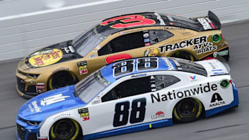 DAYTONA BEACH, FL - FEBRUARY 10: Alex Bowman, driver of the #88 Nationwide Chevrolet, races Austin Dillon, driver of the #3 Dow Chevrolet, during the Monster Energy NASCAR Cup Series Advance Auto Parts Clash at Daytona International Speedway on February 10, 2019 in Daytona Beach, Florida. (Photo by Jared C. Tilton/Getty Images)