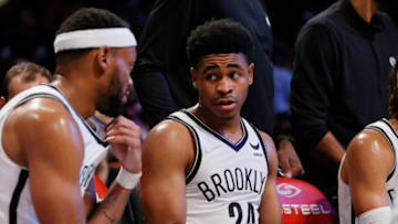 NEW YORK, NEW YORK - OCTOBER 14: Bruce Brown #1 talks with Cam Thomas #24 of the Brooklyn Nets (Photo by Sarah Stier/Getty Images)