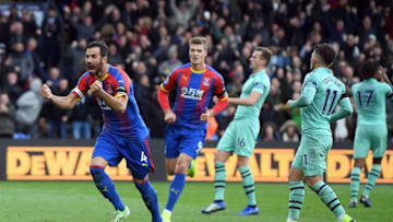 LONDON, ENGLAND - OCTOBER 28: Luka Milivojevic of Crystal Palace celebrates scoring his side's second goal from the penalty spot during the Premier League match between Crystal Palace and Arsenal FC at Selhurst Park on October 28, 2018 in London, United Kingdom. (Photo by Mike Hewitt/Getty Images)