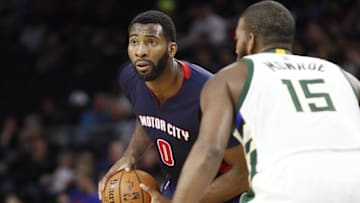 Oct 30, 2016; Auburn Hills, MI, USA; Detroit Pistons center Andre Drummond (0) looks for an open man against Milwaukee Bucks center Greg Monroe (15) during the third quarter at The Palace of Auburn Hills. Pistons won 98-83. Mandatory Credit: Raj Mehta-USA TODAY Sports