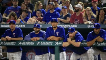 ARLINGTON, TX - APRIL 28: Members of the Texas Rangers including Yu Darvish