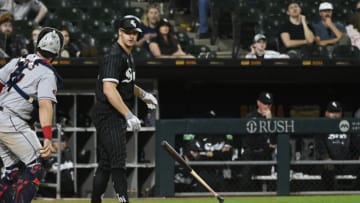 May 9, 2022; Chicago, Illinois, USA; Chicago White Sox right fielder Adam Engel (15) flips his bat after being called out on strikes during the eleventh inning against the Cleveland Guardians at Guaranteed Rate Field. Mandatory Credit: Matt Marton-USA TODAY Sports
