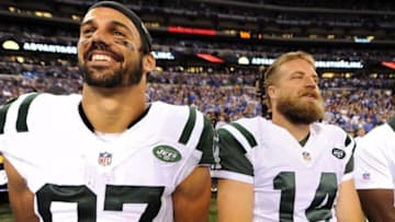 Sep 21, 2015; Indianapolis, IN, USA; New York Jets wide receiver Eric Decker (87) and quarterback Ryan Fitzpatrick (14) before the start of the Indianapolis Colts at Lucas Oil Stadium. Mandatory Credit: Thomas J. Russo-USA TODAY Sports