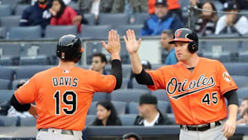 Oct 1, 2016; Bronx, NY, USA; Baltimore Orioles right fielder Mark Trumbo (45) and first baseman Chris Davis (19) score during the second inning against the New York Yankees at Yankee Stadium. Mandatory Credit: Anthony Gruppuso-USA TODAY Sports