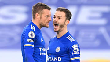 Jamie Vardy with James Maddison of Leicester City (Photo by Michael Regan/Getty Images)