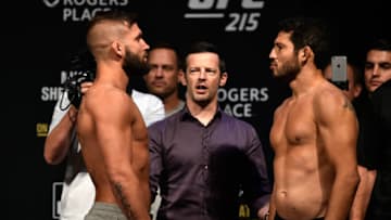 EDMONTON, AB - SEPTEMBER 08: (L-R) Opponents Jeremy Stephens and Gilbert Melendez face-off during the UFC 215 weigh-in inside the Rogers Place on September 8, 2017 in Edmonton, Alberta, Canada. (Photo by Jeff Bottari/Zuffa LLC/Zuffa LLC via Getty Images)