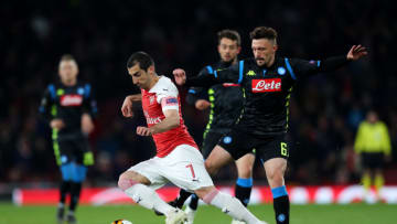 LONDON, ENGLAND - APRIL 11: Henrikh Mkhitaryan of Arsenal and Mario Rui of Napoli during the UEFA Europa League Quarter Final First Leg match between Arsenal and S.S.C. Napoli at Emirates Stadium on April 11, 2019 in London, England. (Photo by Catherine Ivill/Getty Images)