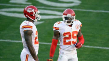 Nov 22, 2015; San Diego, CA, USA; Kansas City Chiefs free safety Eric Berry (29) and cornerback Sean Smith (21) in the field during the fourth quarter against the San Diego Chargers at Qualcomm Stadium. Mandatory Credit: Jake Roth-USA TODAY Sports