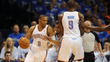 The presence of Serge Ibaka (9) fuels the pick and pop game with Russell Westbrook (0), giving the Oklahoma City Thunder a powerful weapon in their offensive arsenal. Mandatory Credit: Mark D. Smith-USA TODAY Sports