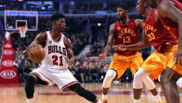 Dec 30, 2015; Chicago, IL, USA; Chicago Bulls guard Jimmy Butler (21) dribbles the ball against the Indiana Pacers during the second half at the United Center. Mandatory Credit: Mike DiNovo-USA TODAY Sports