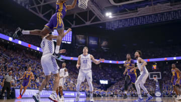 LEXINGTON, KY - FEBRUARY 12: Marlon Taylor #14 of the LSU Tigers dunks the ball during an alley-oop against the Kentucky Wildcats in the first half at Rupp Arena on February 12, 2019 in Lexington, Kentucky. (Photo by Michael Hickey/Getty Images)