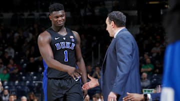 Duke basketball freshman Zion Williamson and head coach Mike Krzyzewski (Photo by Joe Robbins/Getty Images)