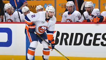 PITTSBURGH, PA - APRIL 16: Nick Leddy #2 of the New York Islanders skates against the Pittsburgh Penguins in Game Four of the Eastern Conference First Round during the 2019 NHL Stanley Cup Playoffs at PPG Paints Arena on April 16, 2019 in Pittsburgh, Pennsylvania. (Photo by Joe Sargent/NHLI via Getty Images)