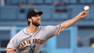 LOS ANGELES, CA - AUGUST 13: Madison Bumgarner #40 of the San Francisco Giants pitches during the first inning against the Los Angeles Dodgers during the first inning at Dodger Stadium on August 13, 2018 in Los Angeles, California. (Photo by Harry How/Getty Images)