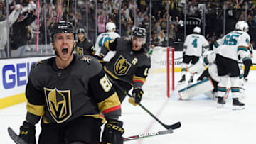 LAS VEGAS, NEVADA - APRIL 21: Jonathan Marchessault #81 and Reilly Smith #19 of the Vegas Golden Knights react after Marchessault scored a second-period goal against the San Jose Sharks in Game Six of the Western Conference First Round during the 2019 NHL Stanley Cup Playoffs at T-Mobile Arena on April 21, 2019 in Las Vegas, Nevada. (Photo by Ethan Miller/Getty Images)