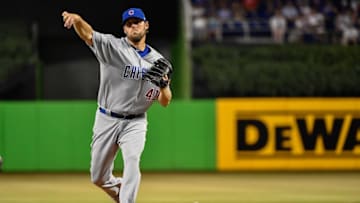 MIAMI, FL - JUNE 23: John Lackey #41 of the Chicago Cubs pitches in the first inning during the game between the Miami Marlins and the Chicago Cubs at Marlins Park on June 23, 2017 in Miami, Florida. (Photo by Mark Brown/Getty Images)