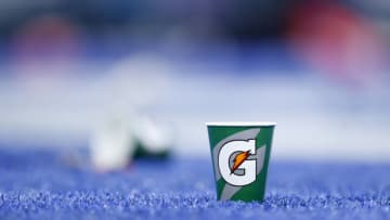 INDIANAPOLIS, IN - MARCH 01: A detail view of a used Gatorade cup that was left on the field during the NFL Combine at Lucas Oil Stadium on February 29, 2020 in Indianapolis, Indiana. (Photo by Joe Robbins/Getty Images)