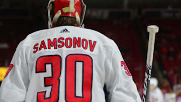 RALEIGH, NC - DECEMBER 28: Washington Capitals goaltender Ilya Samsonov (30) during the warmups of the Carolina Hurricanes game versus the Washington Capitals on December 28th, 2019 at PNC Arena in Raleigh, NC (Photo by Jaylynn Nash/Icon Sportswire via Getty Images)