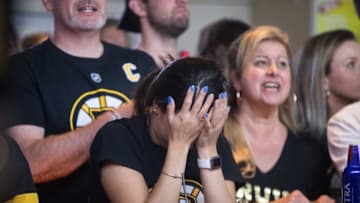 BOSTON, MA - JUNE 12: Boston Bruins fans react during second period gameplay at the Stanley Cup Final Game 7 Watch Party between the Boston Bruins and the St. Louis Blues (Photo by Scott Eisen/Getty Images)
