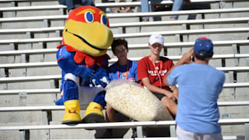 Sep 10, 2016; Lawrence, KS, USA; Kansas Jayhawks mascot Big Jay poses with fans in the second half against the Ohio Bobcats at Memorial Stadium. Ohio won 37-21. Mandatory Credit: John Rieger-USA TODAY Sports