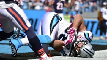 Oct 5, 2014; Charlotte, NC, USA; Carolina Panthers tight end Greg Olsen (88) catches a touchdown in the second quarter at Bank of America Stadium. Mandatory Credit: Bob Donnan-USA TODAY Sports