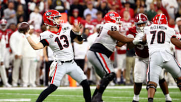 Stetson Bennett passes against the Alabama Crimson Tide during the College Football Playoff Championship. (Photo by Jamie Schwaberow/Getty Images)