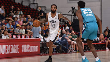 LAS VEGAS, NV - JULY 13: Stanton Kidd #43 of the Utah Jazz handles the ball against the Charlotte Hornets on July 13, 2019 at the Cox Pavilion in Las Vegas, Nevada. Copyright 2019 NBAE (Photo by David Dow/NBAE via Getty Images)
