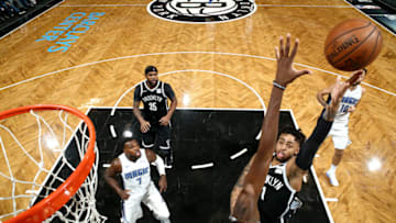 BROOKLYN, NY - OCTOBER 20: D'Angelo Russell #1 of the Brooklyn Nets shoots the ball against the Orlando Magic on October 20, 2017 at Barclays Center in Brooklyn, New York. NOTE TO USER: User expressly acknowledges and agrees that, by downloading and or using this Photograph, user is consenting to the terms and conditions of the Getty Images License Agreement. Mandatory Copyright Notice: Copyright 2017 NBAE (Photo by Nathaniel S. Butler/NBAE via Getty Images)