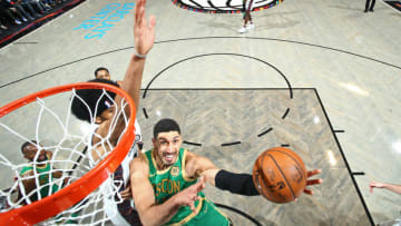 BROOKLYN, NY - NOVEMBER 29: Enes Kanter #11 of the Boston Celtics drives to the basket and shoots the ball against the Brooklyn Nets on November 29, 2019 at Barclays Center in Brooklyn, New York. NOTE TO USER: User expressly acknowledges and agrees that, by downloading and or using this photograph, User is consenting to the terms and conditions of the Getty Images License Agreement. Mandatory Copyright Notice: Copyright 2019 NBAE (Photo by Nathaniel S. Butler/NBAE via Getty Images)