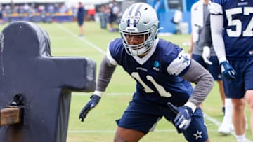 Jul 24, 2021; Oxnard, CA, USA; Dallas Cowboys linebacker Micah Parsons (11) during training camp at the Marriott Residence Inn. Mandatory Credit: Jason Parkhurst-USA TODAY Sports