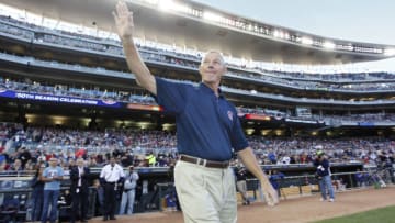 MINNEAPOLIS, MN - SEPTEMBER 03: Former pitcher Jim Kaat for the Minnesota Twins acknowledges the crowd as he is announced as one of the top 50 players from the Twins 50 years as a team prior to the game against the Texas Rangers on September 3, 2010 at Target Field in Minneapolis, Minnesota. The Twins won 4-3. (Photo by Bruce Kluckhohn/Getty Images)