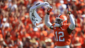 CLEMSON, SOUTH CAROLINA - SEPTEMBER 07: K'Von Wallace #12 of the Clemson Tigers reacts with the crowd against the Texas A&M Aggies during their game at Memorial Stadium on September 07, 2019 in Clemson, South Carolina. (Photo by Streeter Lecka/Getty Images)
