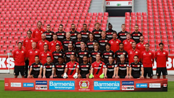 LEVERKUSEN, GERMANY - JULY 25: First row (L-R): Charles Aranguiz, Chicharito, Wendell, Ramazan Oezcan, Karim Bellarabi, Niklas Lomb, Robbie Kruse, Kevin Kampl, Hakan Calhanoglu'nSecond row (L-R): Coach Roger Schmidt, Oliver Bartlett, Markus Kroesche, Kevin Volland, Roberto Hilbert, Julian Brandt, Tin Jedvaj, Andre Ramalho, Benjamin Henrichs, Lars Kornetka, David Thiel, Schahriar Bigdeli'nThird row (L-R): Dr. Philipp Ehrenstein, Sven Elsinger, Steffen Lutz, Joel Pohjanpalo, Admir Mehmedi, Julian Baumgartlinger, Lukas Boeder, Hans-Peter Lehnhoff, Klaus Zoeller, Daniel Jouvin'nFourth row (L-R): Karl Heinrich Dittmar, Kyriakos Papadopoulos, Levin Oeztunali, Oemer Toprak, Malcolm Cacutalua, Stefan Kiessling, Danny da Costa, Lars Bender, Vladlen Yurchenko poses during the official team presentation of Bayer Leverkusen at BayArena on July 25, 2016 in Leverkusen, Germany. (Photo by Ulrich Hufnagel via Joachim Sielski/Bongarts/Getty Images)