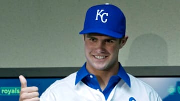 Kansas City Royals first-round draft pick Bubba Starling gives a thumbs-up at his introductory news conference prior to the Royals playing host to the New York Yankees at Kauffman Stadium in Kansas City, Missouri, on Wednesday, August 17, 2011. (John Sleezer/Kansas City Star/MCT via Getty Images)